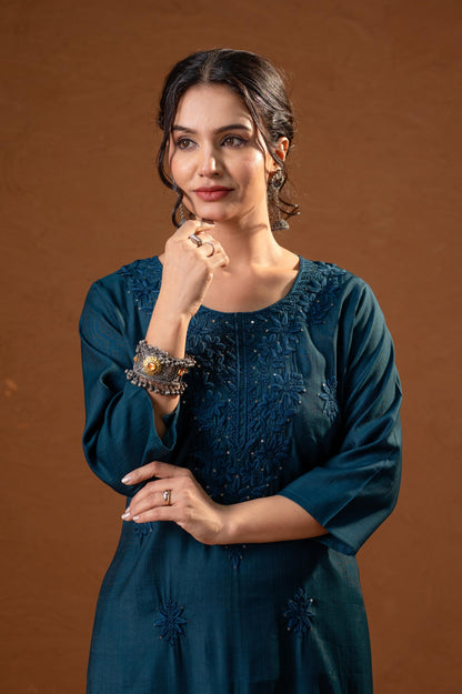 Juniper Teal Tonal Sequin Embellished Straight Kurta Set