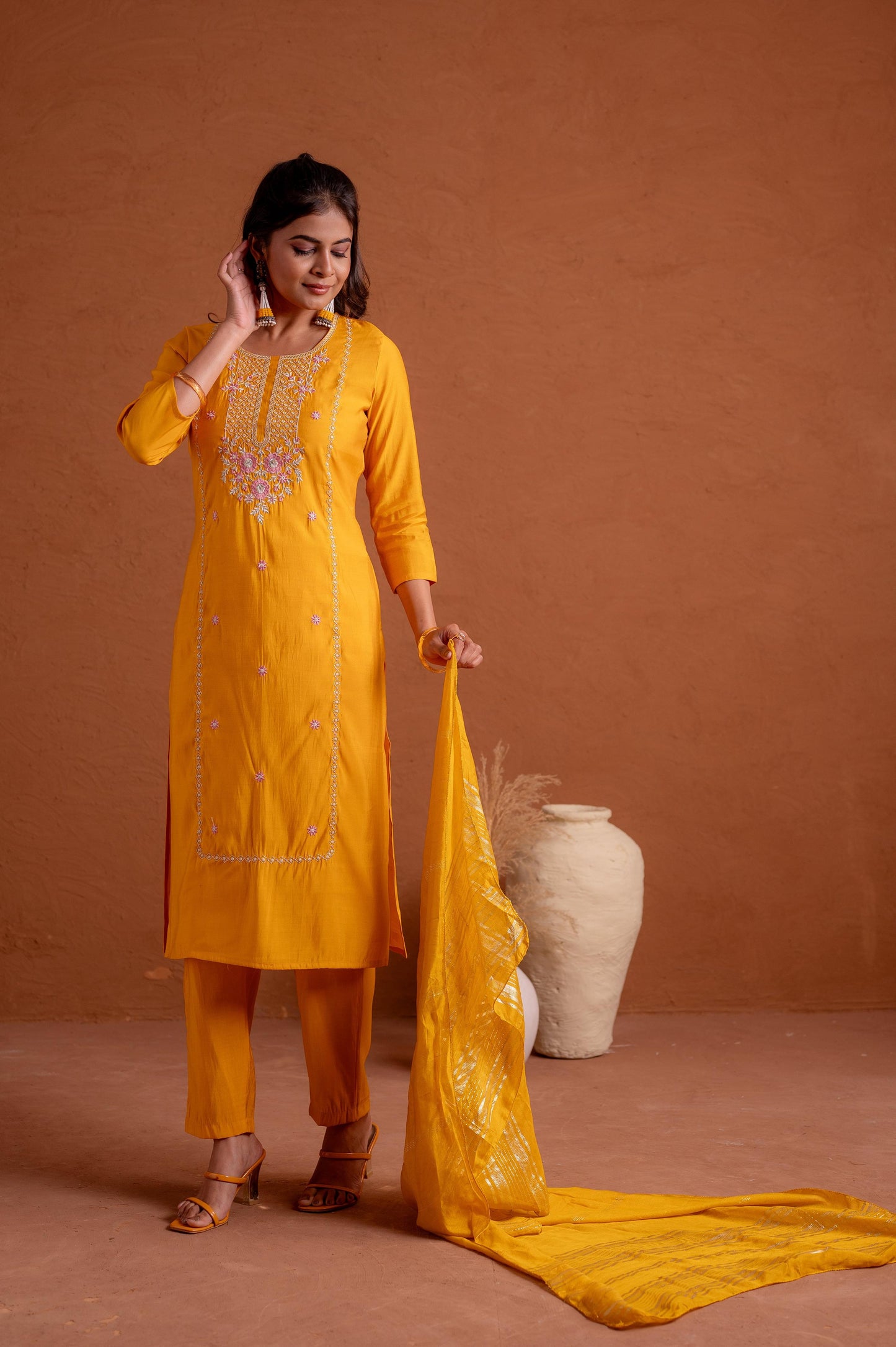 Juniper Mustard Poly Viscose Straight Kurta Pant And Dupatta Set With Thread & Sequence Work