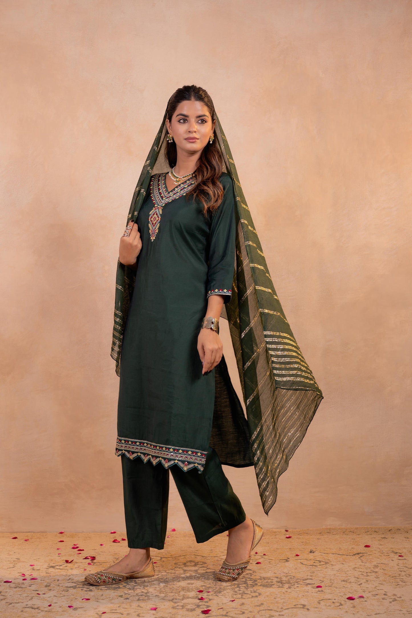Juniper Bottle Green Serenity Embroidered Suit Set
