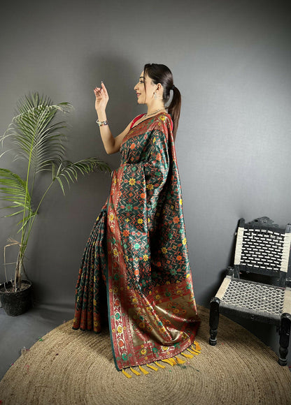 Joban Fashion Dark Green Banarasi Soft Silk Woven Saree