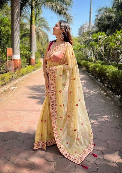 Vastranavya Twill Net Designer Embroidery & Colour Thread & Diamond work Saree with Blouse Material - Yellow