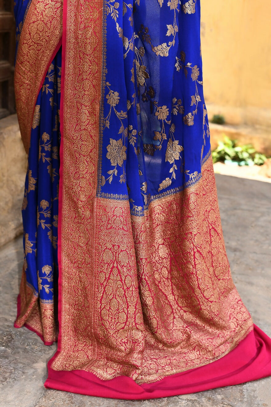 Joban Fashion Ink Blue Crepe Chiffon Pure Handloom Banarasi Silk Saree