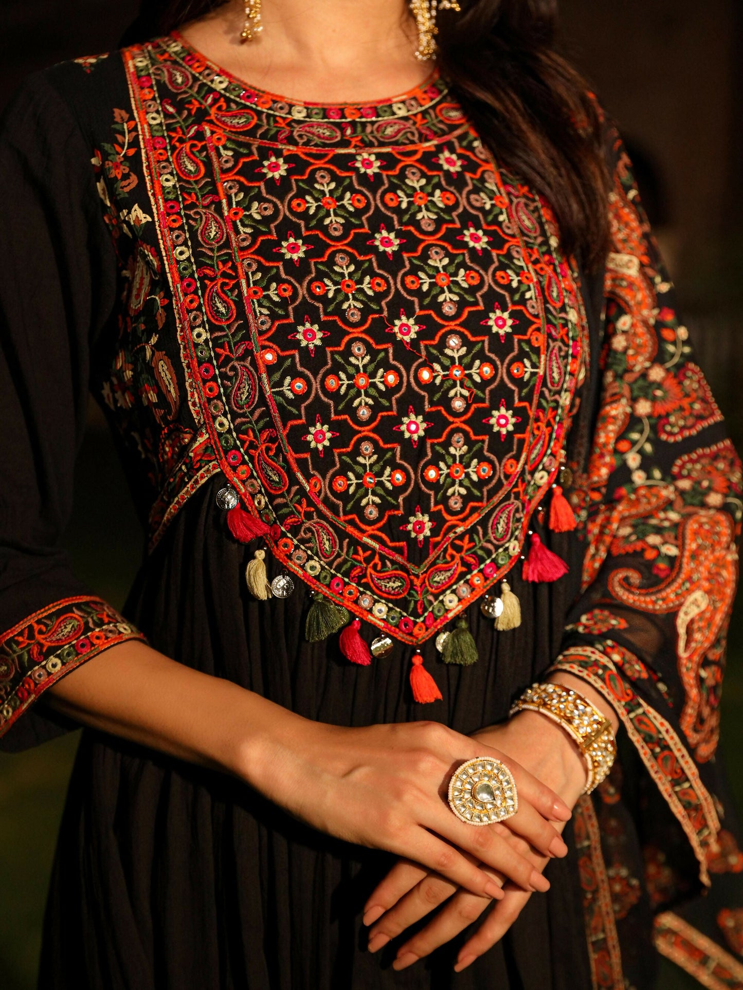 Juniper Women's Black Thread Embroidered Cotton Dress & Dupatta With Tassels & Mirror Work
