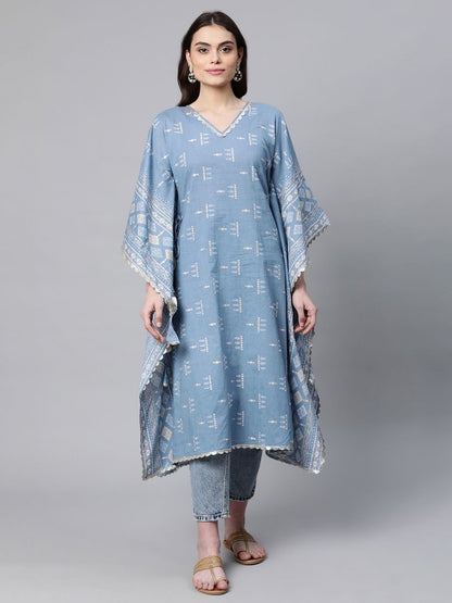 Ahalyaa Beige Pure Cotton Floral Printed Kaftan Kurta