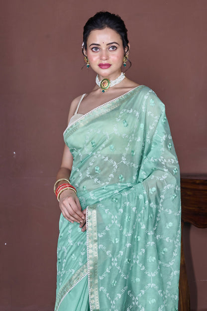 Morchari Green Cotton Chanderi Embroidery Saree Unstitched Blouse