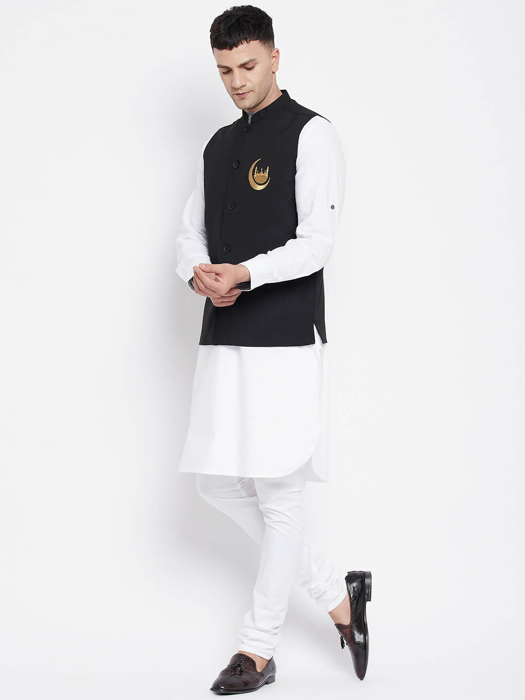 Even Apparels Black Pure Cotton Nehru Jacket With Eid Insignia NJ-PW668-CHA