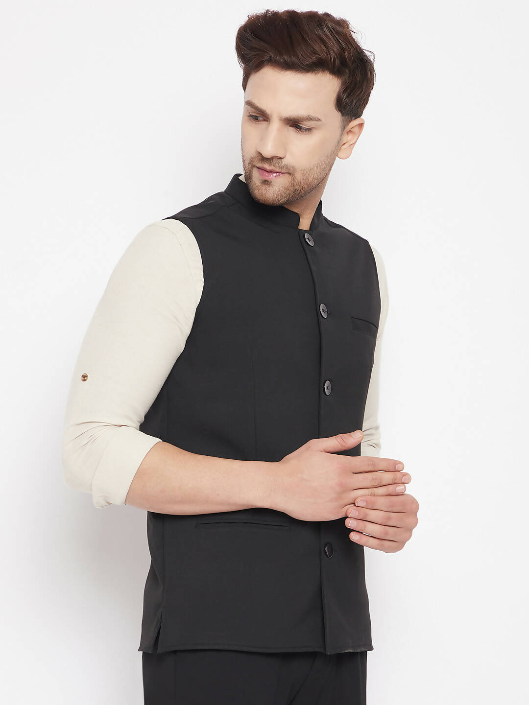 Even Apparels Black Merino Men Woven Nehru Jacket PW668