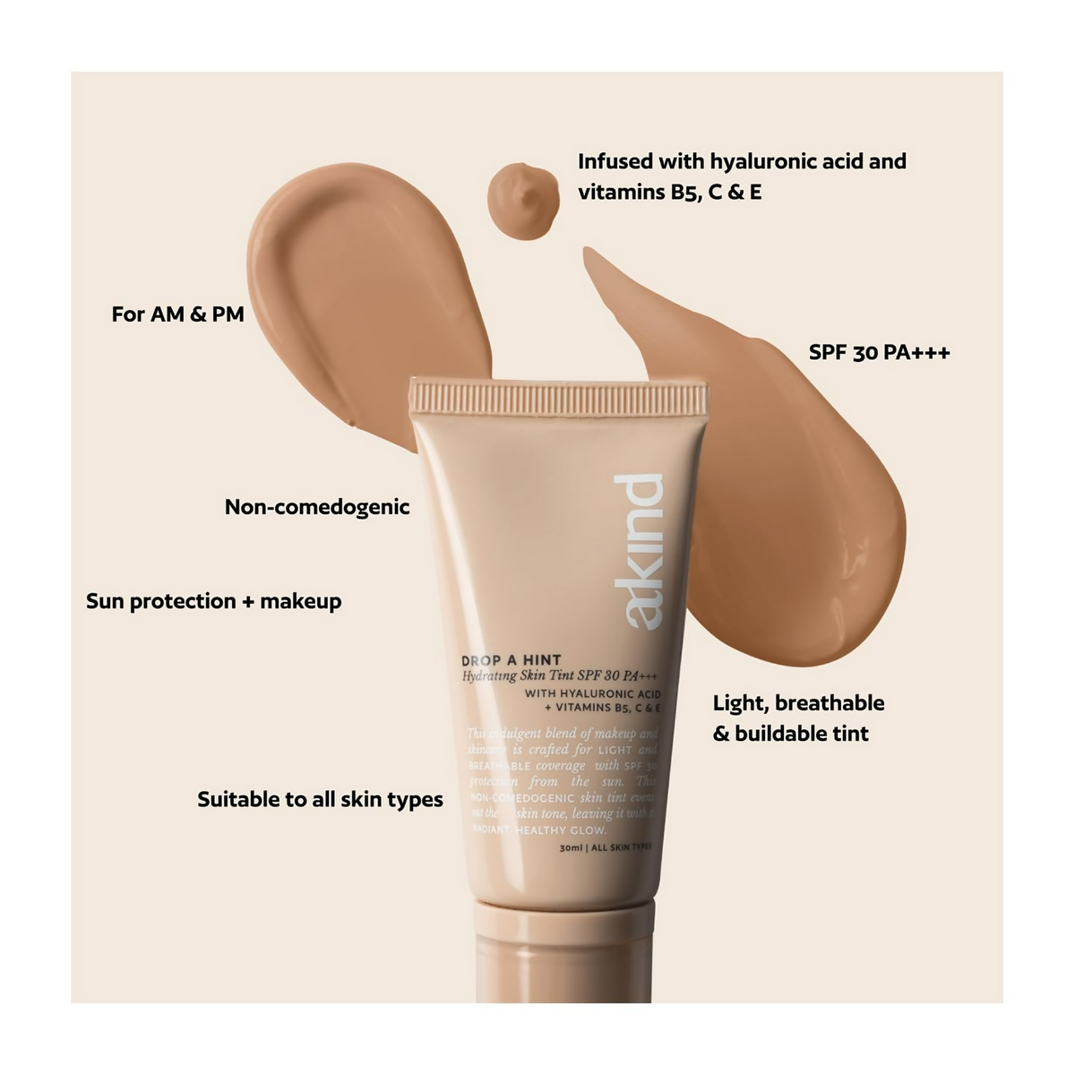Akind Drop A Hint Hydrating Skin Tint Spf 30 Pa+++150 Honey