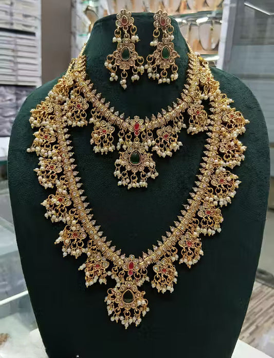 Jewel City Royal Kundan Bridal Necklace Set with Earrings | Multi-Layered Gold-Plated Pearl & Stone Indian Wedding Jewelry for Women