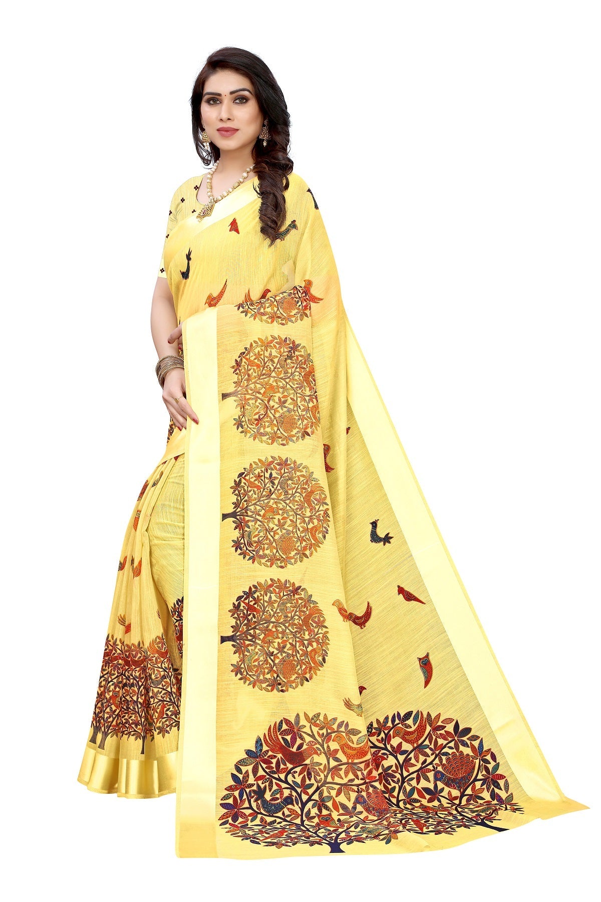 Vamika Linen Satin Border Yellow Bollywood Style Saree
