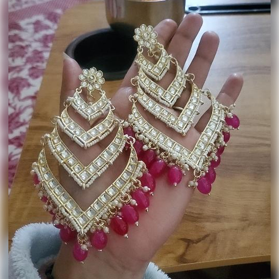Jewel City Elegant Layered Kundan Pearl Earrings - Handcrafted Multi-Tier Chandbali Jhumkas - Bridal Wedding Statement Jewelry