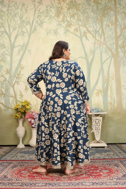 Jyoti Fashion Women's Navy Blue Rayon Floral Print with Sequins Designer Anarkali Set