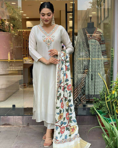 The52 Off White Women's Gorgeous Embroidered Viscose Chanderi Fabric Straight Kurta Pant with Dupatta Set