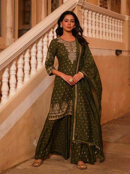 Juniper Women's The Swarn Olive Ethnic Motif Printed Rayon Kurta Pant And Dupatta With Zari Work & Sequins