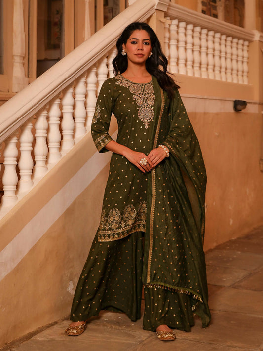 Juniper Women's The Swarn Olive Ethnic Motif Printed Rayon Kurta Pant And Dupatta With Zari Work & Sequins