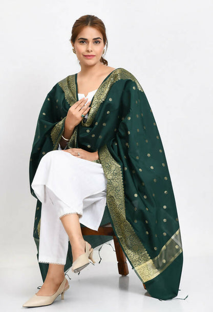 Mominos Fashion Moeza Women's Banarsi Silk Woven Design Bottle Green Dupatta
