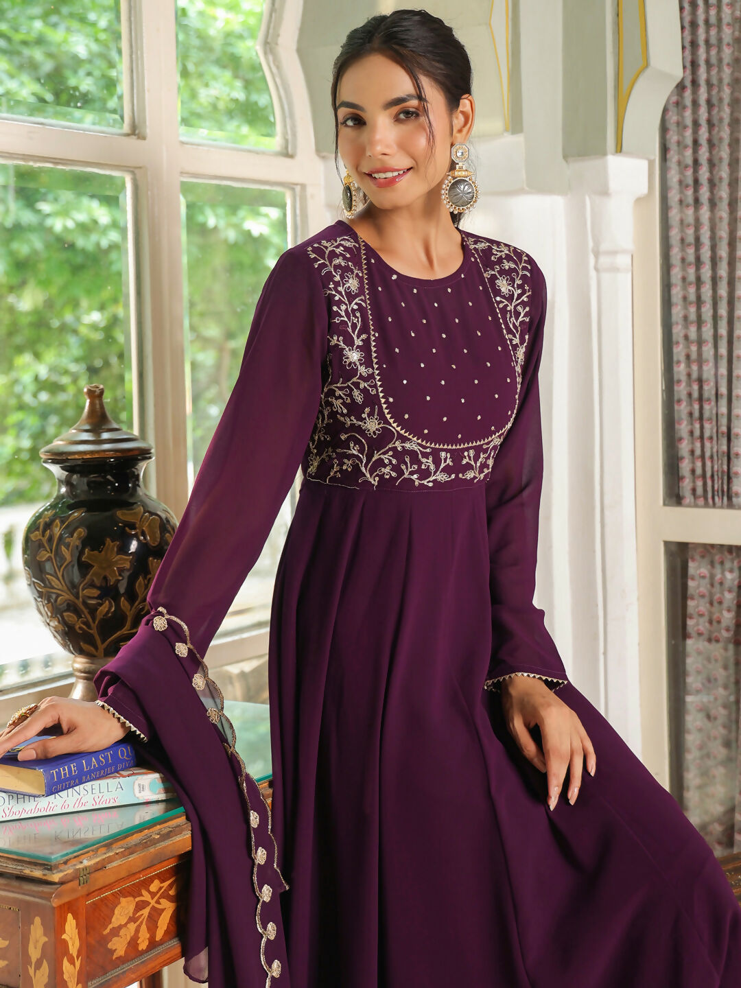 Janasya Purple Georgette Embroidered Kurta,Bottom & Dupatta