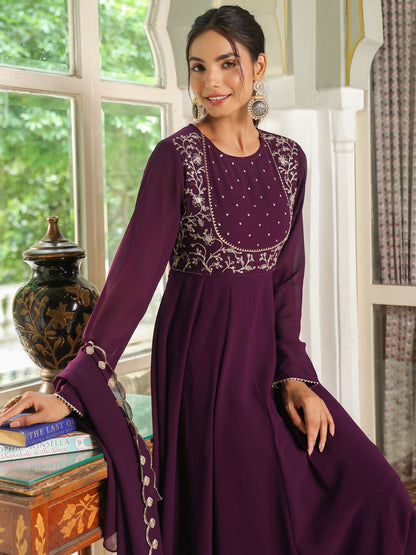 Janasya Purple Georgette Embroidered Kurta,Bottom & Dupatta