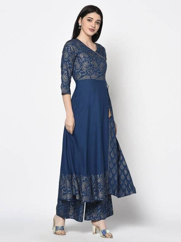 Indian Clothing Aniyah Rayon Blue Color Foil Print Angrakha Anarkali Kurta (AN-208K)