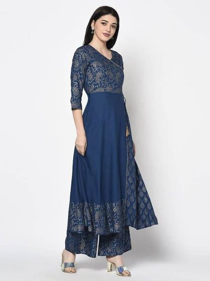 Indian Clothing Aniyah Rayon Blue Color Foil Print Angrakha Anarkali Kurta (AN-208K)
