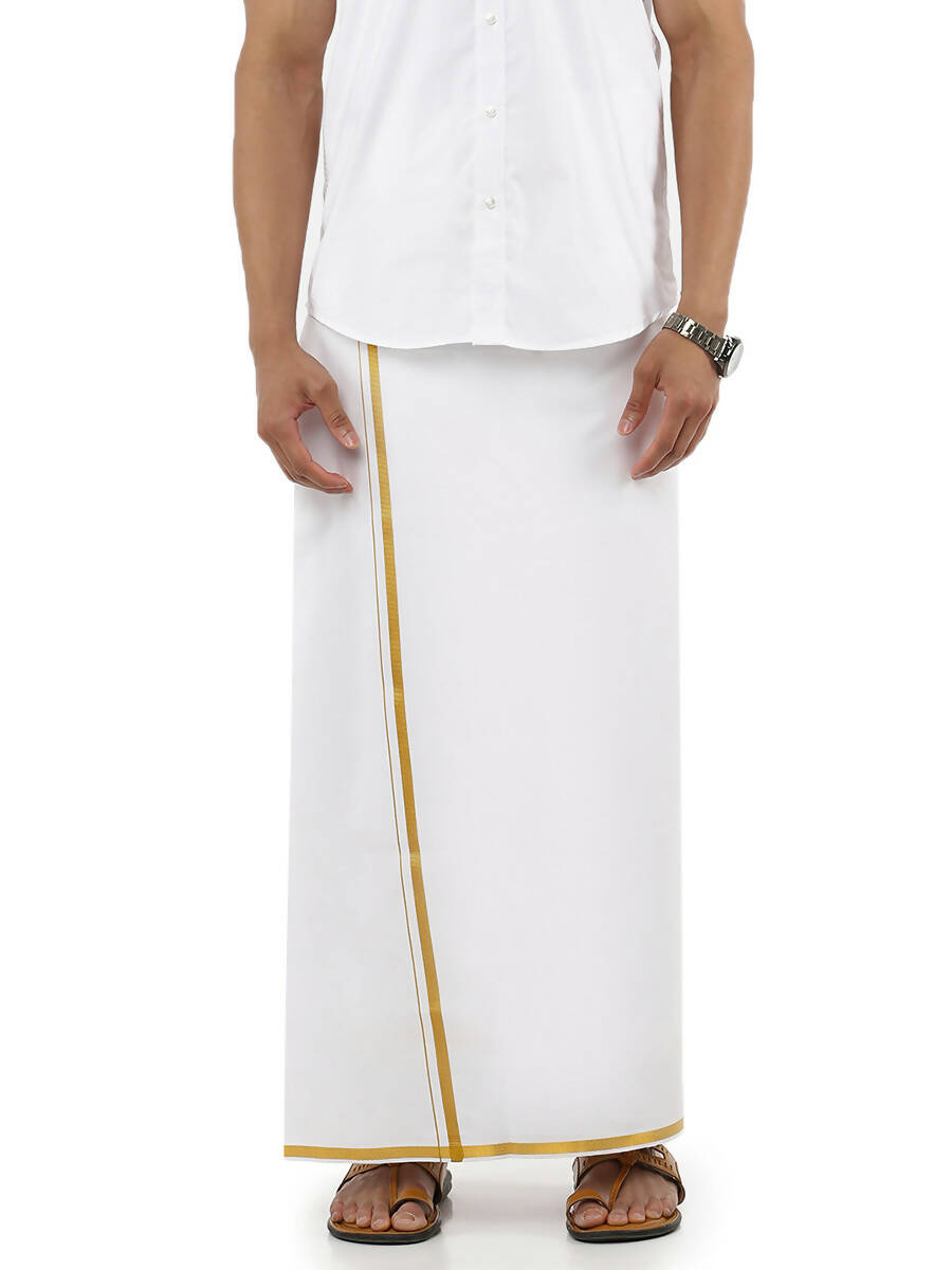 Ramraj Cotton Mens Poly Cotton 1/2" Gold Jari Dhoti - White