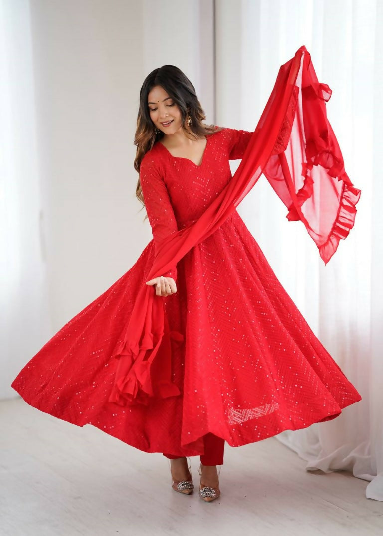 Teeya Creation Red Color Heavy Embroidery Work Georgette Fabric Wedding Wear Gown
