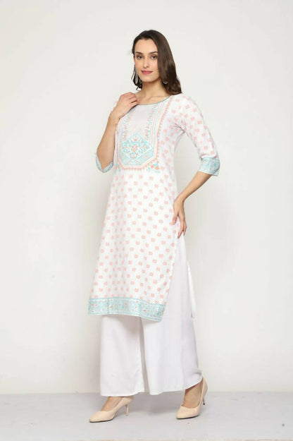 Maai Rayon Hand Printed Kurta Off-White