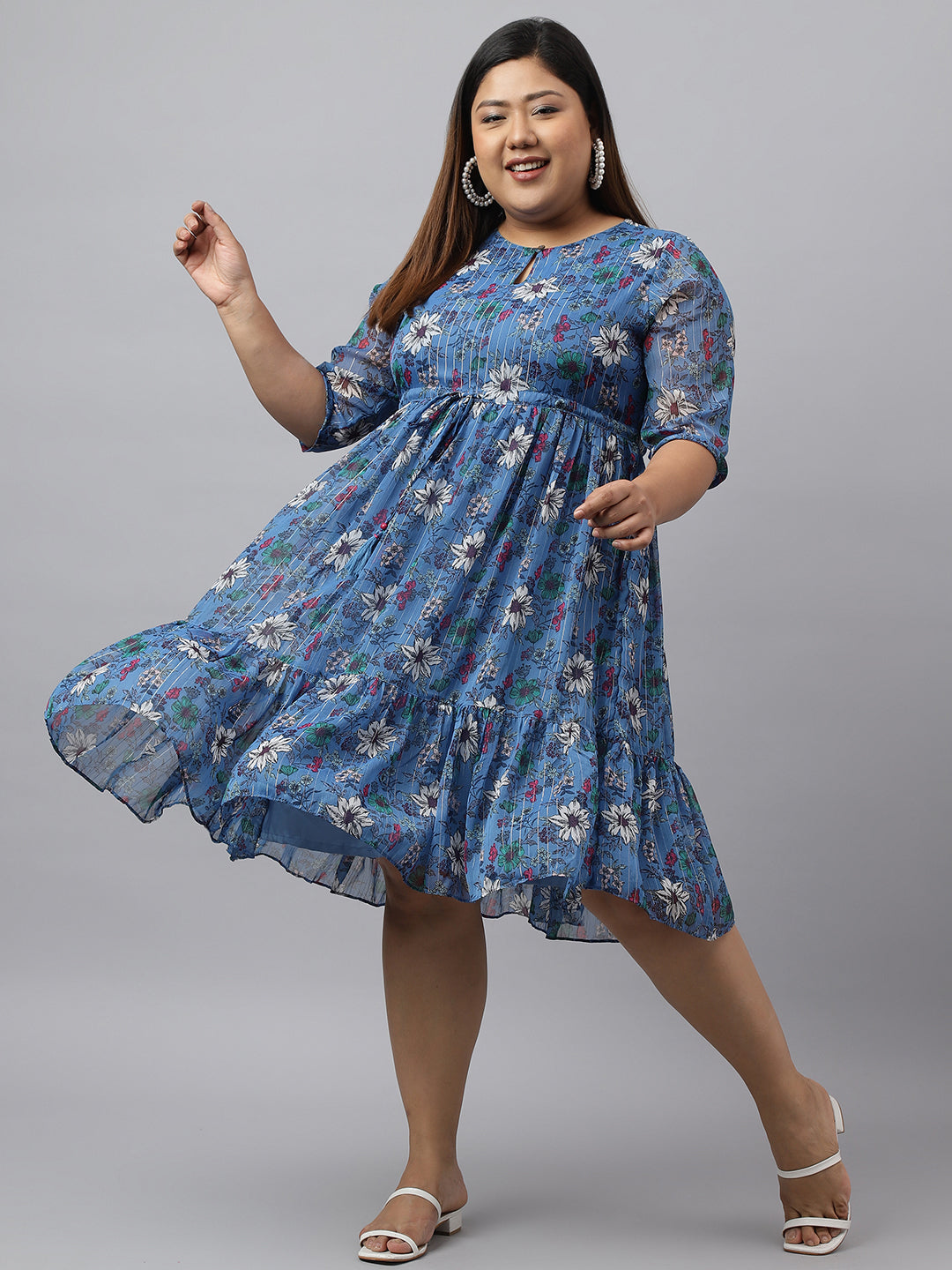 Janasya Women's Blue Poly Georgette Floral Printed Casual Flared Western Dress
