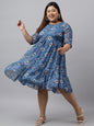 Janasya Women's Blue Poly Georgette Floral Printed Casual Flared Western Dress