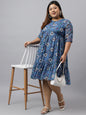 Janasya Women's Blue Poly Georgette Floral Printed Casual Flared Western Dress