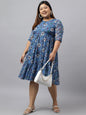 Janasya Women's Blue Poly Georgette Floral Printed Casual Flared Western Dress