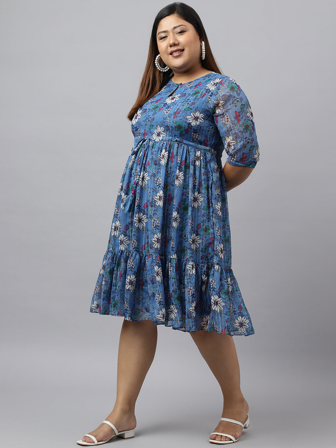 Janasya Women's Blue Poly Georgette Floral Printed Casual Flared Western Dress