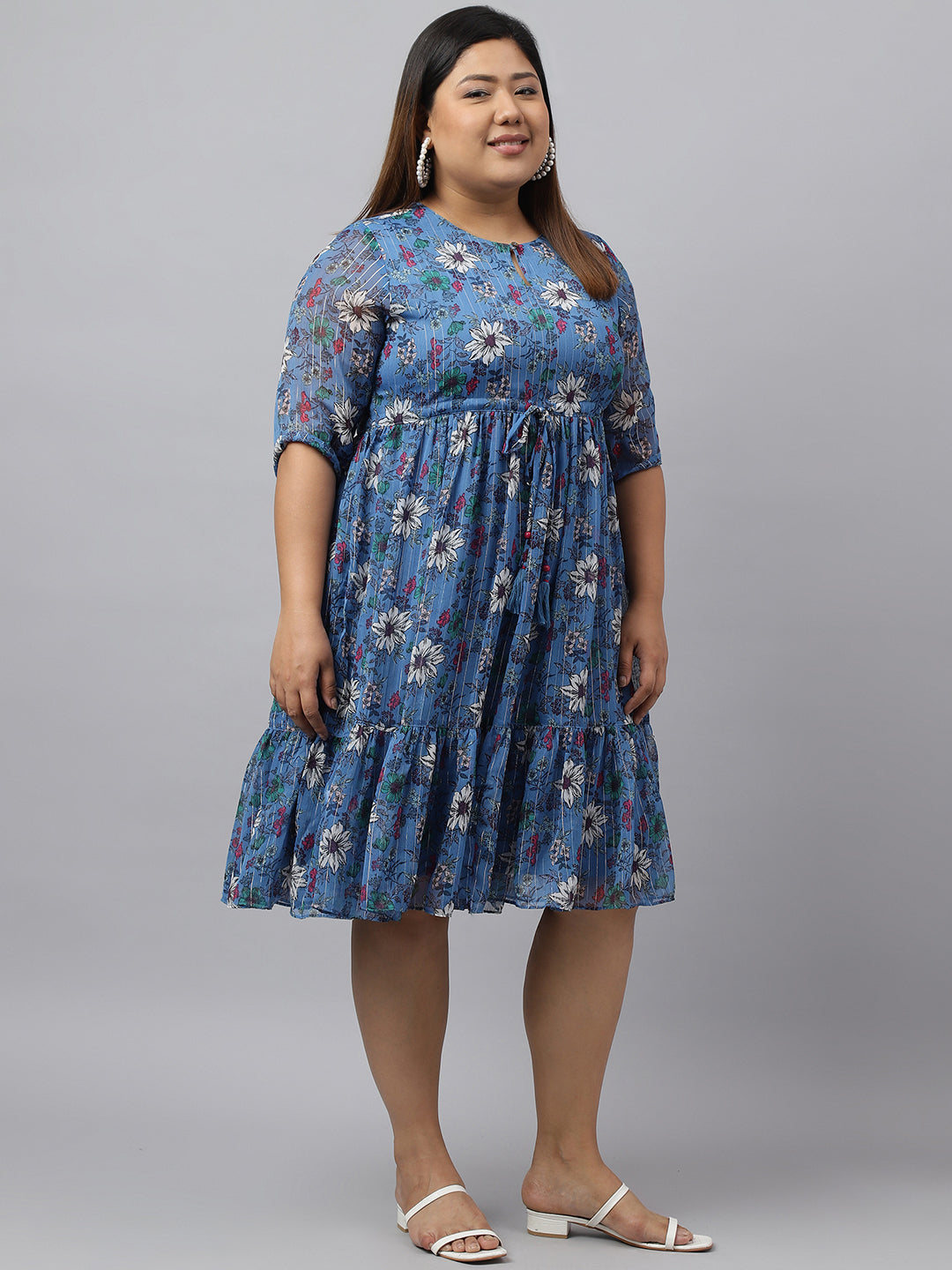 Janasya Women's Blue Poly Georgette Floral Printed Casual Flared Western Dress