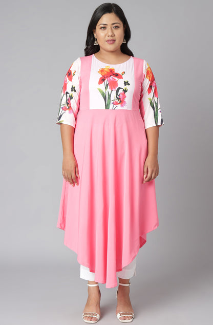 Janasya Women's Pink Poly Crepe Floral Print Casual Flared Kurta