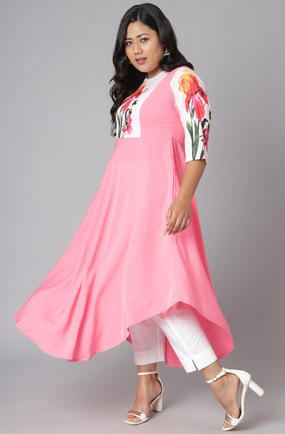 Janasya Women's Pink Poly Crepe Floral Print Casual Flared Kurta