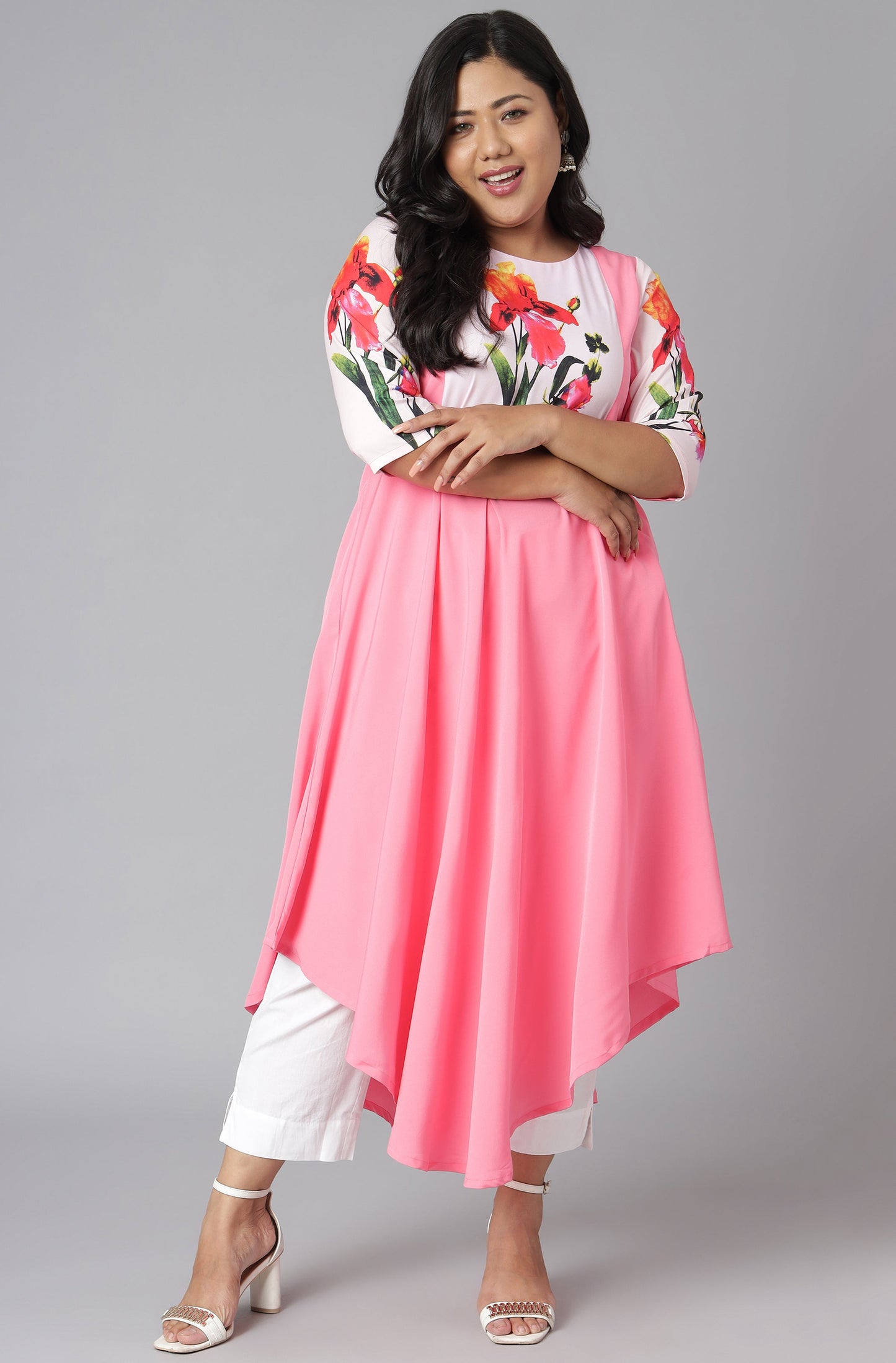 Janasya Women's Pink Poly Crepe Floral Print Casual Flared Kurta