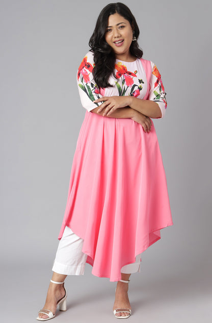 Janasya Women's Pink Poly Crepe Floral Print Casual Flared Kurta
