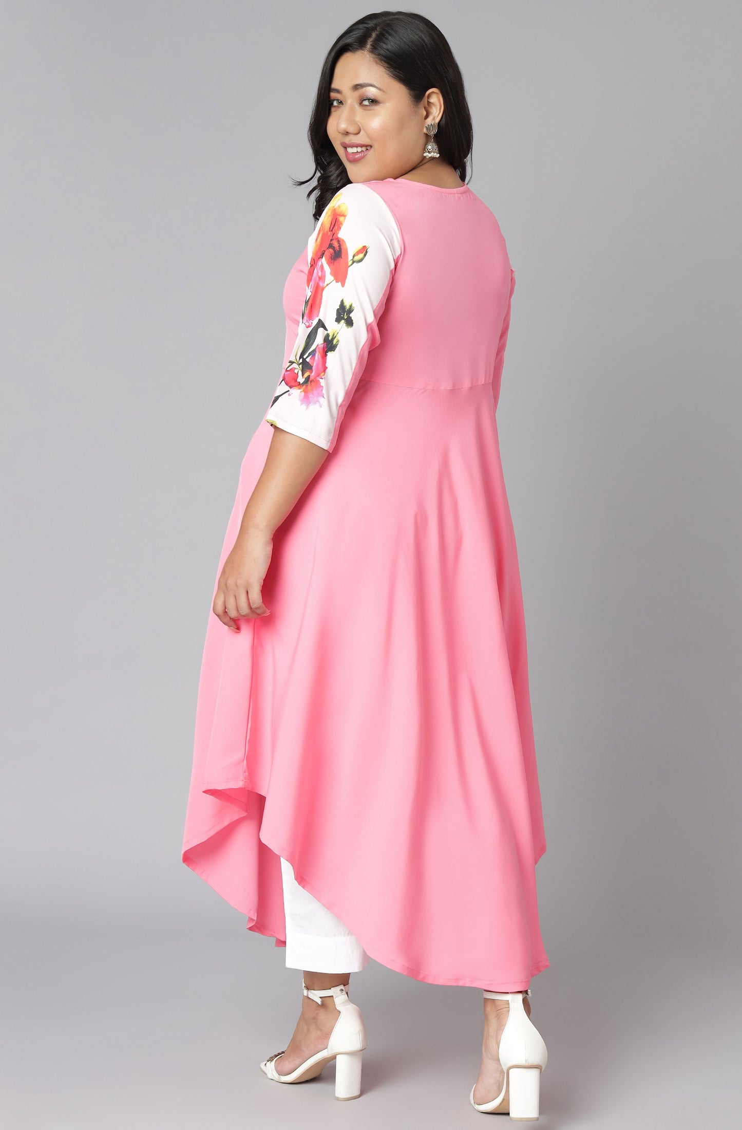 Janasya Women's Pink Poly Crepe Floral Print Casual Flared Kurta