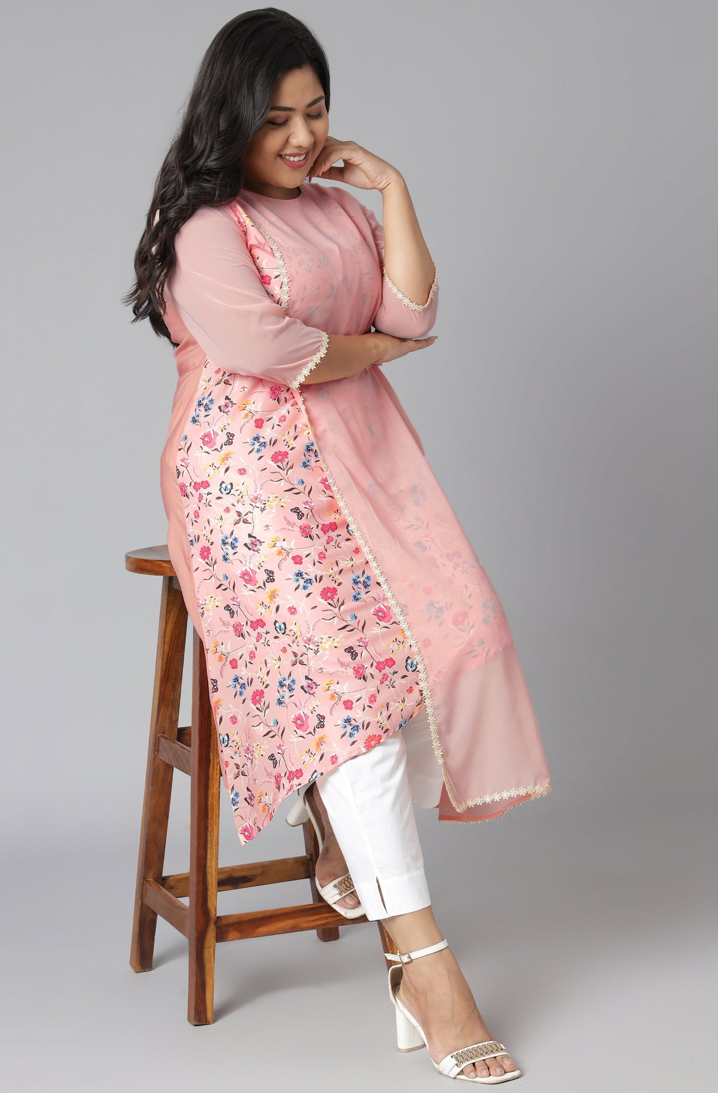Janasya Women's Pink Poly Crepe Floral Print Casual High Low Kurta