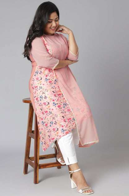 Janasya Women's Pink Poly Crepe Floral Print Casual High Low Kurta