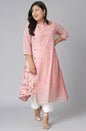 Janasya Women's Pink Poly Crepe Floral Print Casual High Low Kurta
