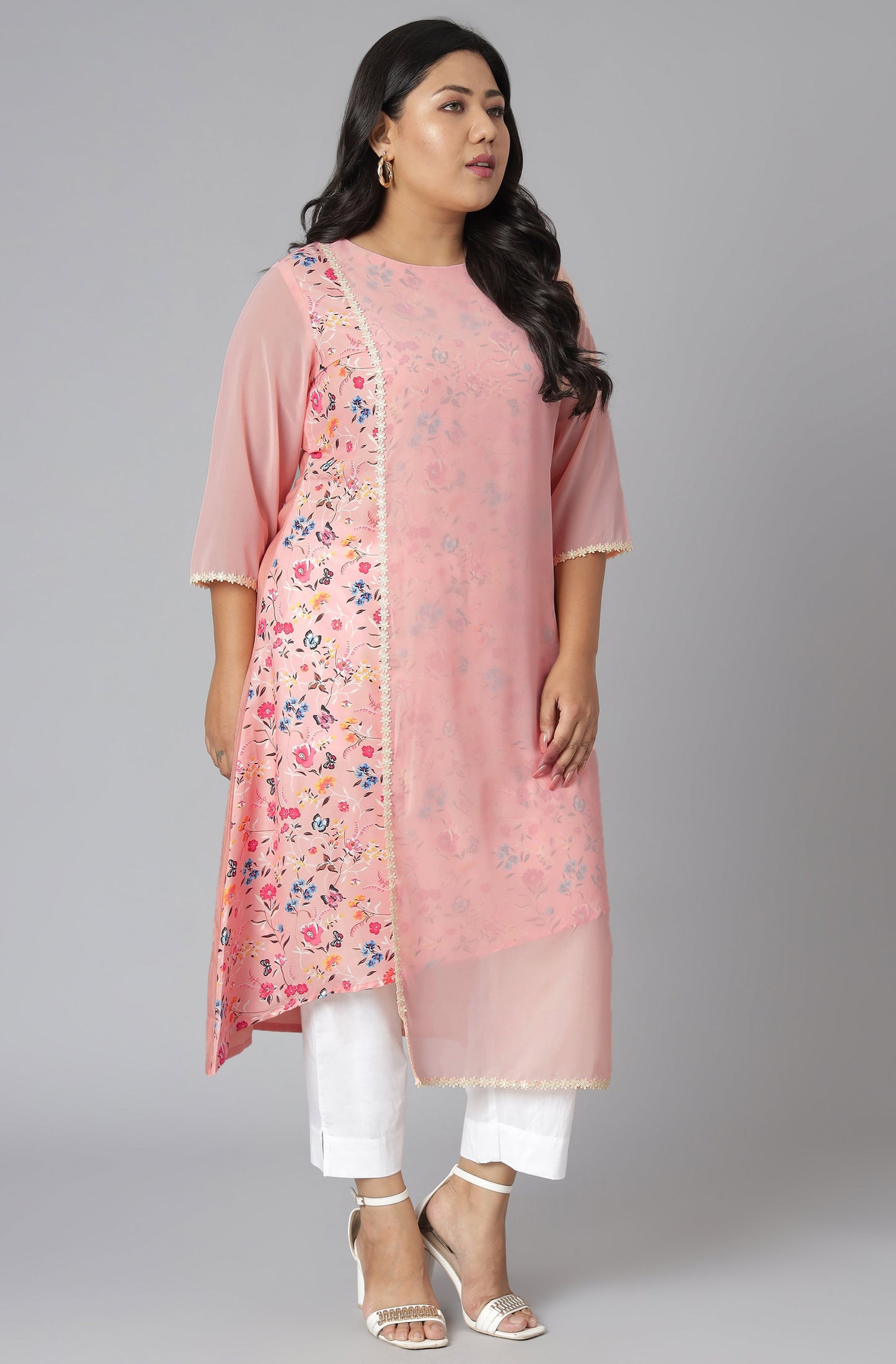 Janasya Women's Pink Poly Crepe Floral Print Casual High Low Kurta