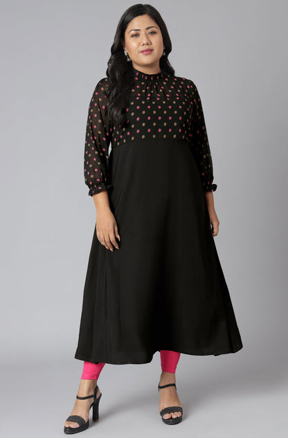 Janasya Women's Black Poly Crepe Polka Print Casual A-line Kurta