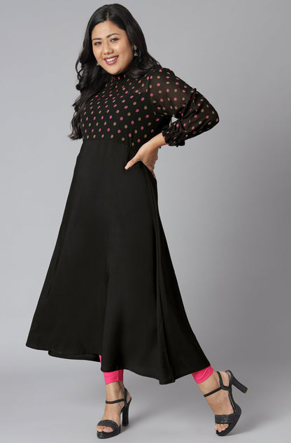 Janasya Women's Black Poly Crepe Polka Print Casual A-line Kurta