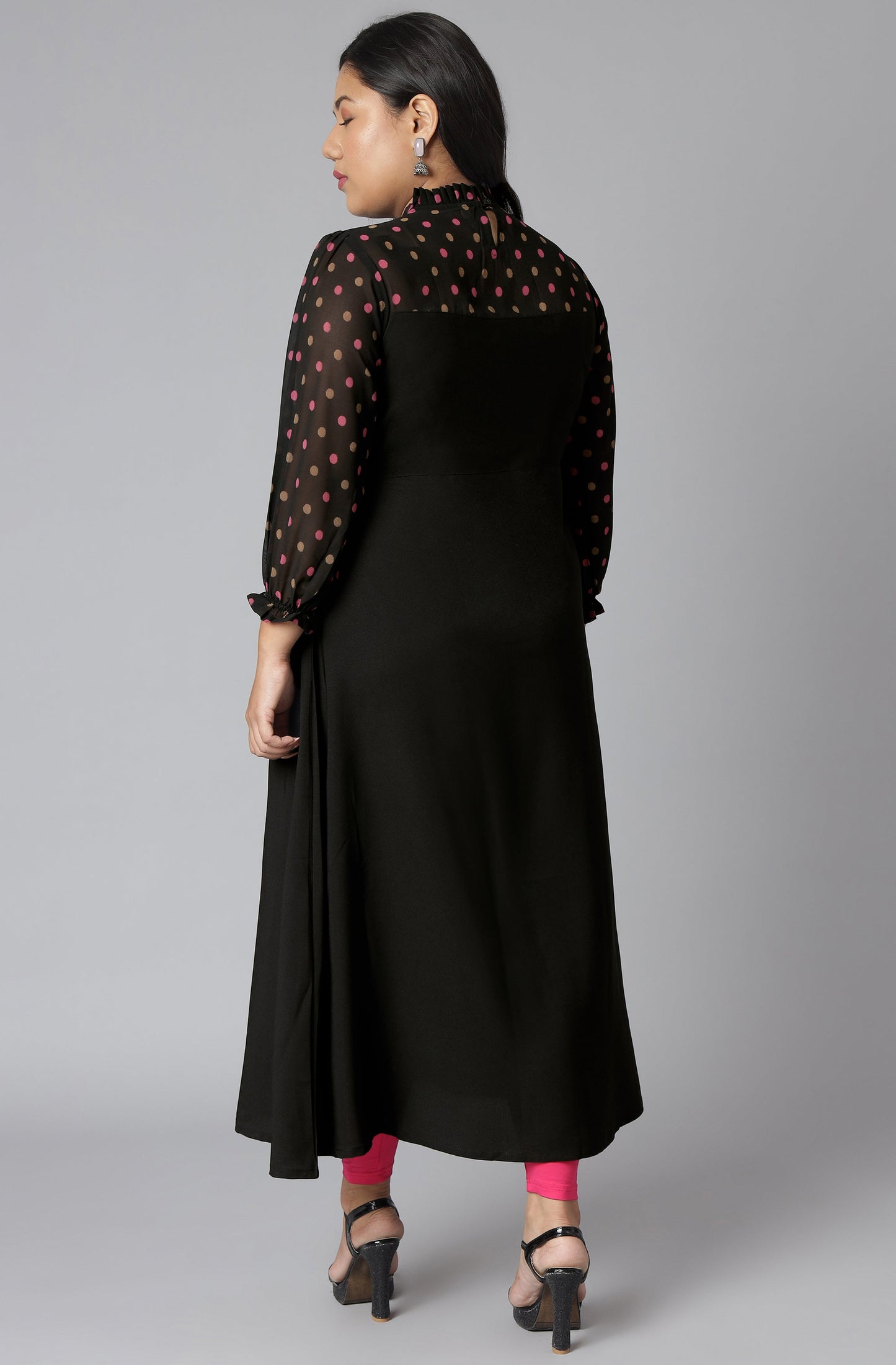 Janasya Women's Black Poly Crepe Polka Print Casual A-line Kurta