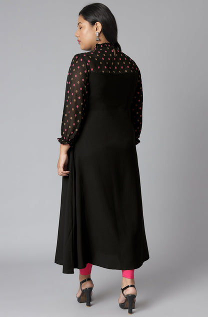 Janasya Women's Black Poly Crepe Polka Print Casual A-line Kurta