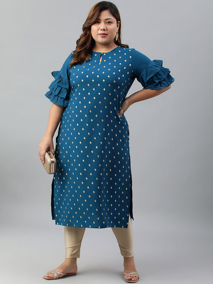 Janasya Women's Teal Poly Crepe Foil Print Casual Straight kurta