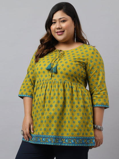 Janasya Women's Green Cotton Floral Printed Casual Gathered Tunic