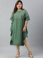 Janasya Women's Green Poly Crepe Foil Print Casual Kaftan kurta