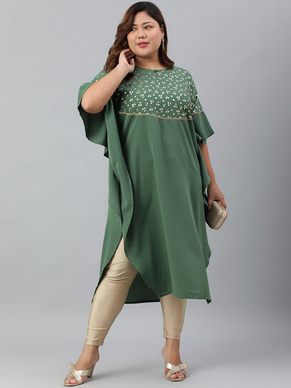 Janasya Women's Green Poly Crepe Foil Print Casual Kaftan kurta